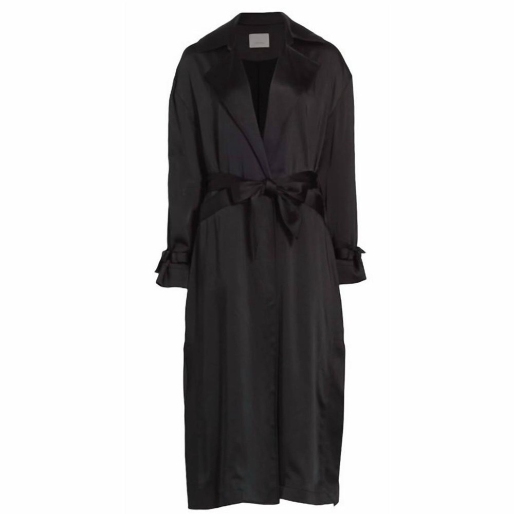 NEW cinq a sept Black Satin Long Jayla Satin Trench Coat Robe with Self-Tie Belt